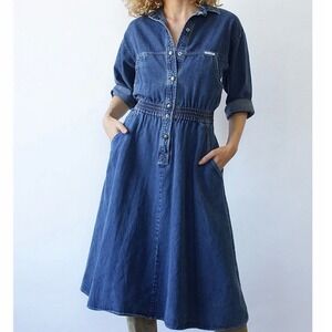 Vintage Dreams Blue Denim Snap Button Western Cowgirl Midi Dress Pockets Women M